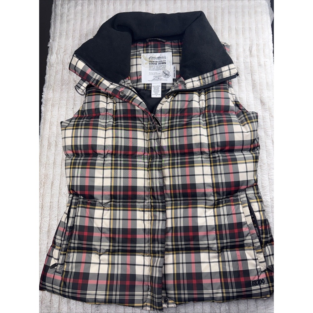 Eddie Bauer‎ Vest Women's Small White Red Black Plaid Goose Down 700 Fill Puffer